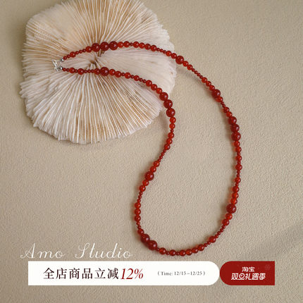 AMO天然红玛瑙串珠项链复古气质人造珍珠锁骨链女超显白颈链