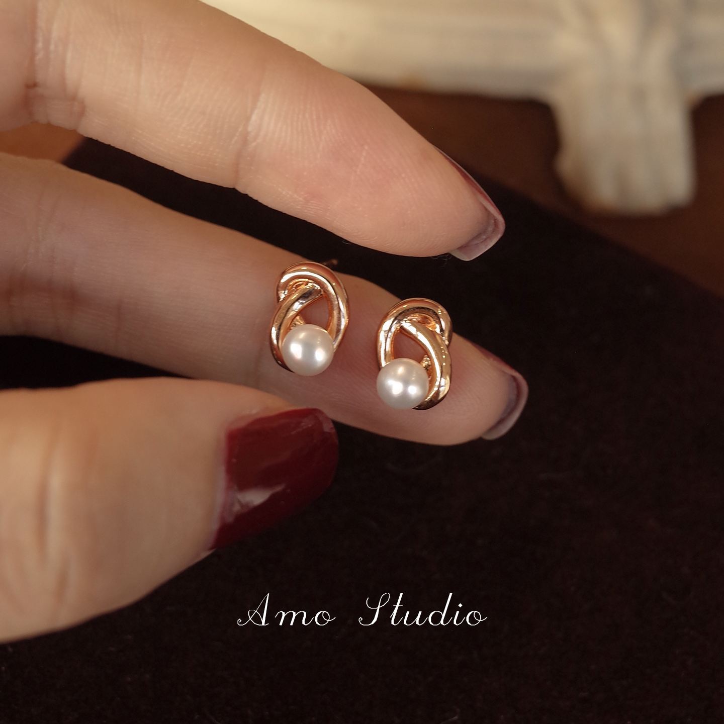 AMO扭结珍珠耳钉女小众气质百搭