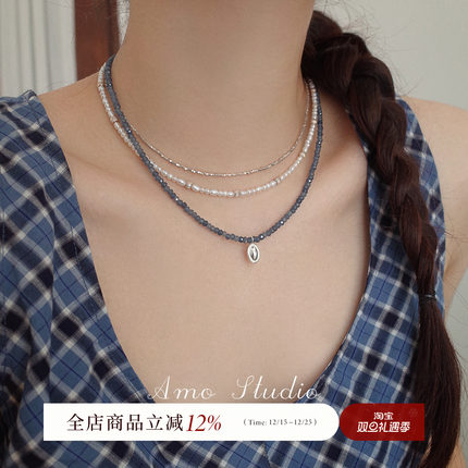 AMO微风海岸天然蓝宝石纯银项链简约高级天然珍珠锁骨链小众颈链
