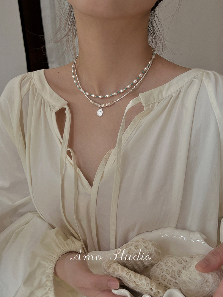 AMO 오리지널 반여름 천연 청록색 진주 목걸이 여성용 라이트 럭셔리 틈새 복고풍 하이 엔드 디자인 쇄골 체인