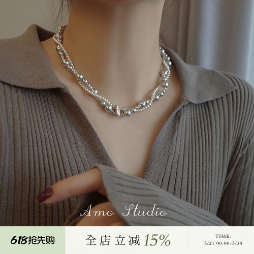AMO人造珍珠项链女纯银双层复古