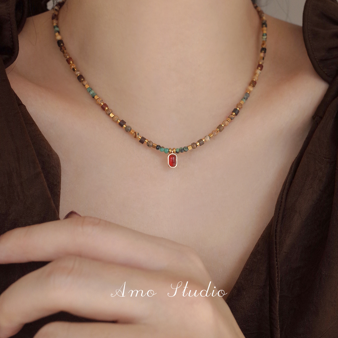 AMO原创红玛瑙串珠项链高级秋冬