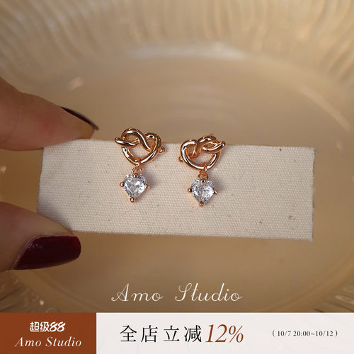 AMO闪钻黑玛瑙爱心耳环小众韩系