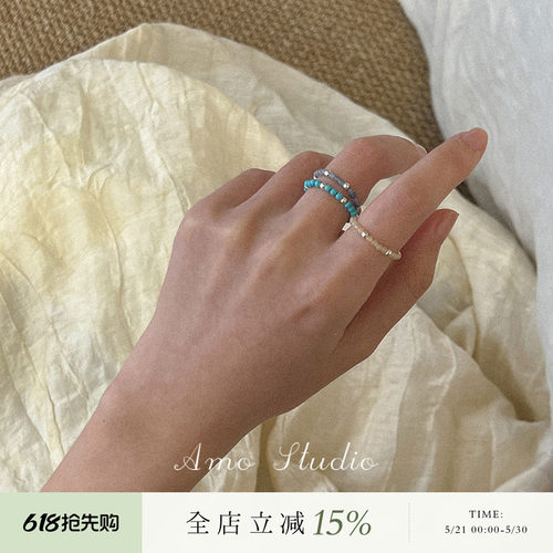 天然绿松石黑玛瑙串珠戒指细素圈
