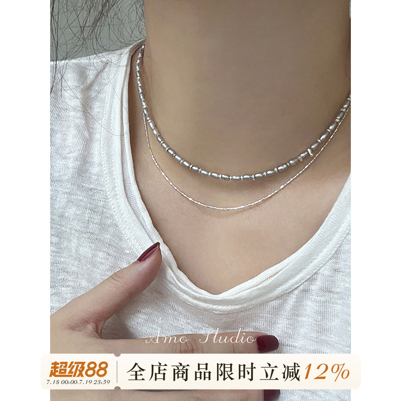 AMO天然灰珍珠碎银项链纯银简约