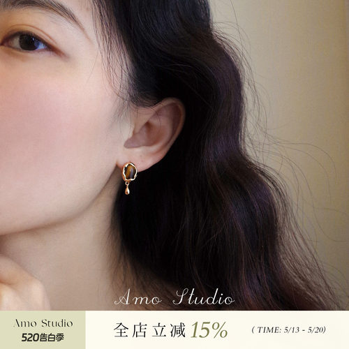 AMO天然虎眼石耳环复古秋冬精致