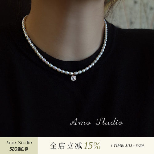 AMO水滴方块天然珍珠项链小众