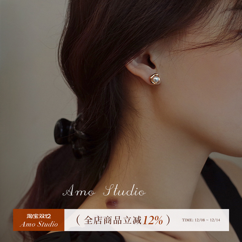 AMO天然珍珠方形耳环女简约气质