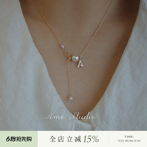 AMO天然珍珠字母项链女Y字可调节