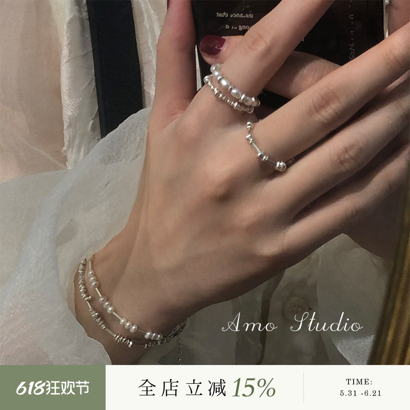 AMO小碎银天然珍珠纯银戒指女轻奢小众设计高级感时尚个性食指戒