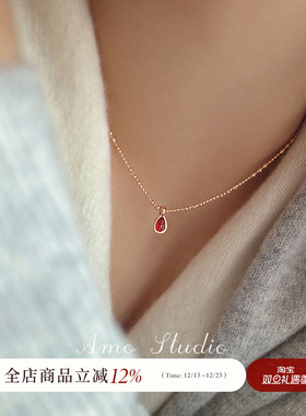 AMO小喜天然红玛瑙水滴纯银项链女秋冬简约高级感轻奢小众锁骨链
