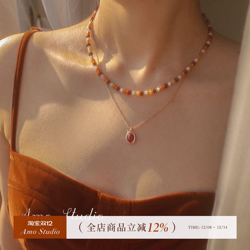 AMO天然贝壳玛瑙项链女纯银复古