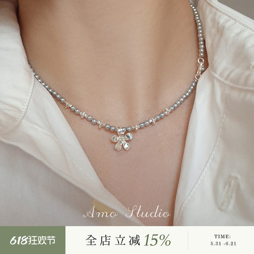 AMO花朵人造灰色珍珠项链女小众