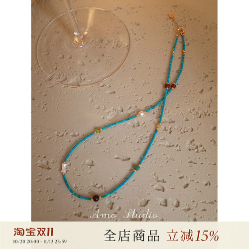 AMO绿松石珍珠项链女小众中式