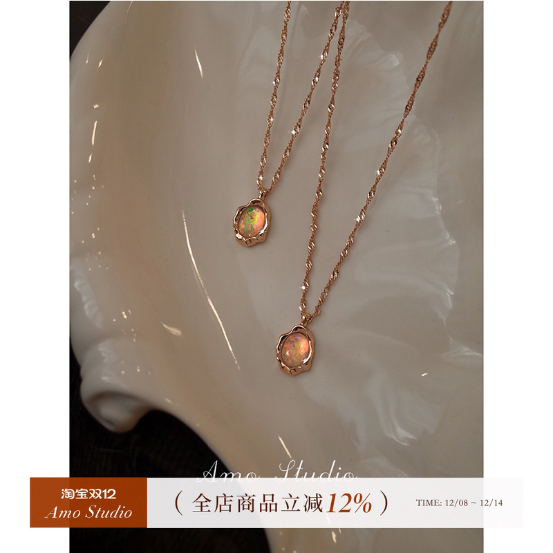 AMO合成欧泊项链女纯银复古高级