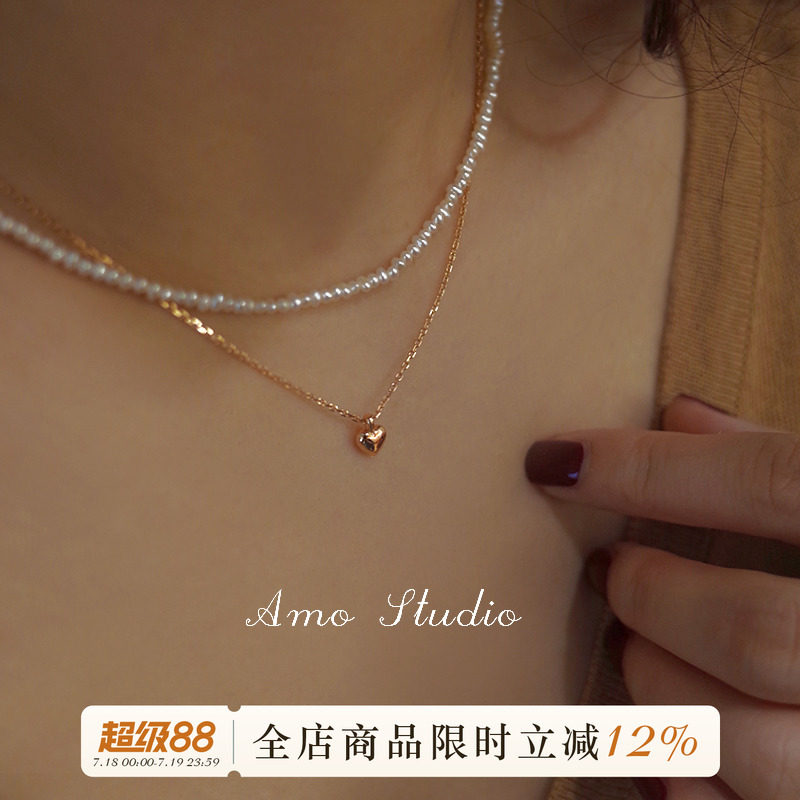 AMO爱心珍珠项链女双层纯银