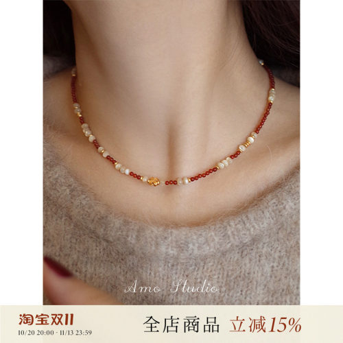AMO红玛瑙贝壳四叶草项链新中式