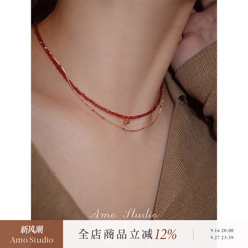 AMO天然红玛瑙金珠项链女纯银