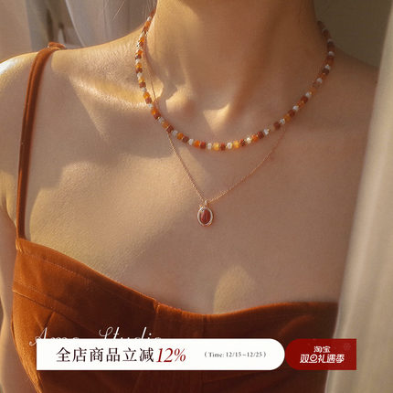 AMO莫妮卡法式贝壳红玛瑙纯银项链女轻奢小众高级感2025年新款冬