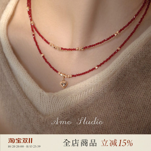 AMO红玛瑙芒星爱心项链小众显白