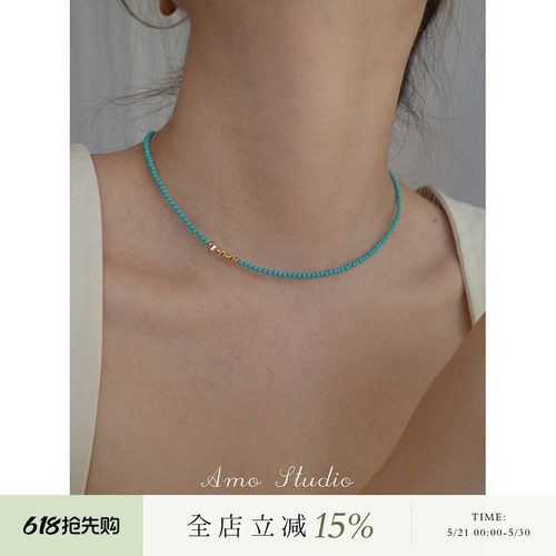 AMO天然绿松石碎银项链女小众