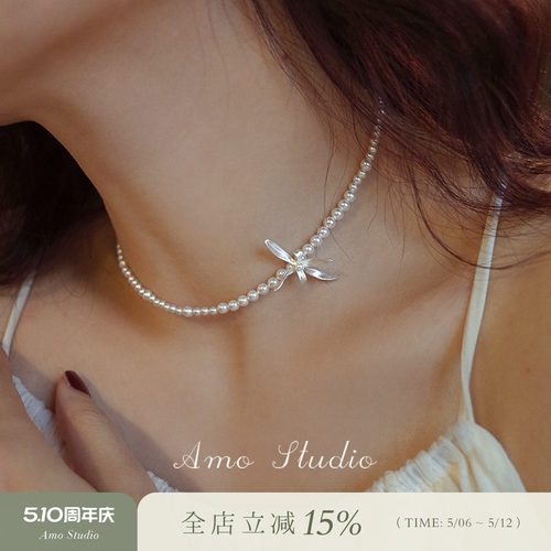 AMO兰花人造珍珠项链chocker复古