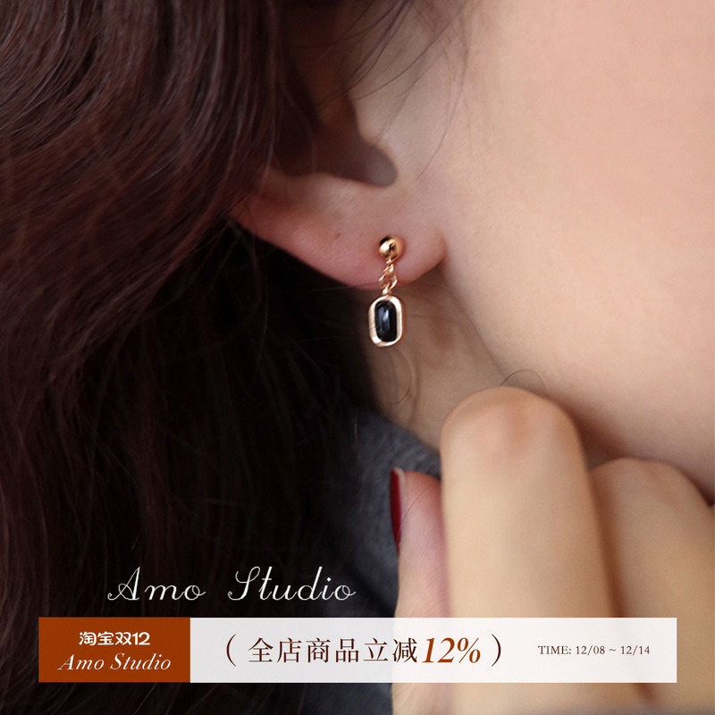AMO黑玛瑙金珠耳环小众简约百搭