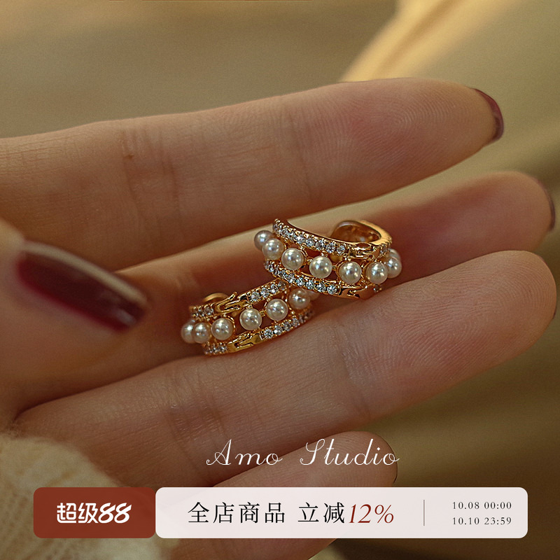 AMO人造珍珠圆圈耳环女复古温柔