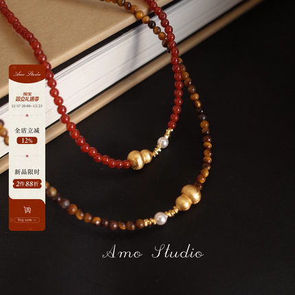 AMO如意葫天然红玛瑙虎眼石葫芦项链女复古新中式毛衣链新年配饰