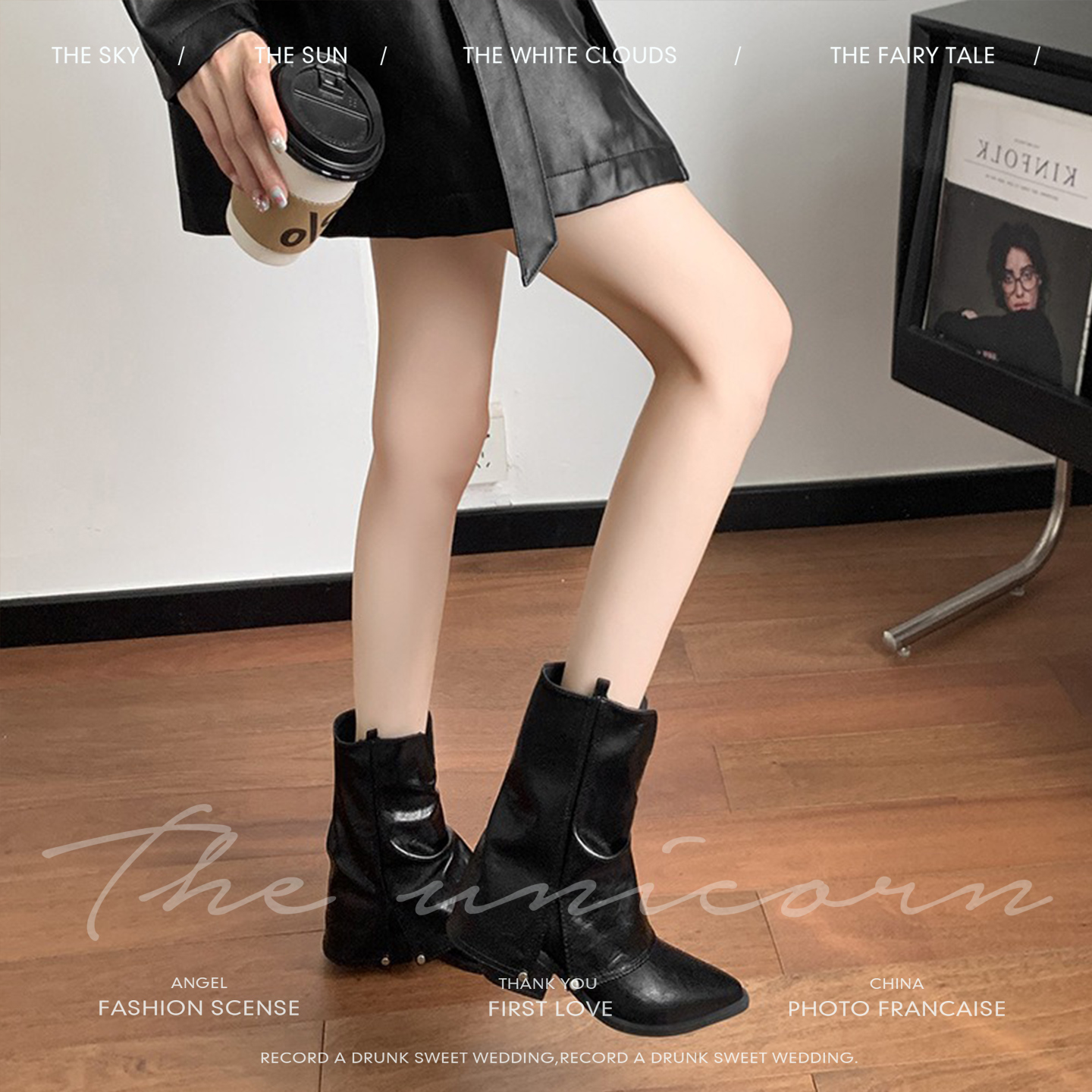 短靴秋冬季新款2025年黑色中筒靴女尖头粗跟皮带扣机车靴显瘦辣妹