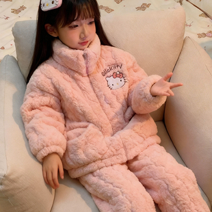 女童睡衣冬季2025新款加厚款珊瑚绒三层夹棉秋冬款儿童女孩家居服