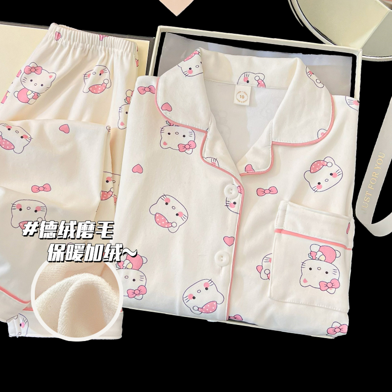 2025新款秋冬季德绒加厚儿童睡衣HelloKitty长袖女童小女孩家居服