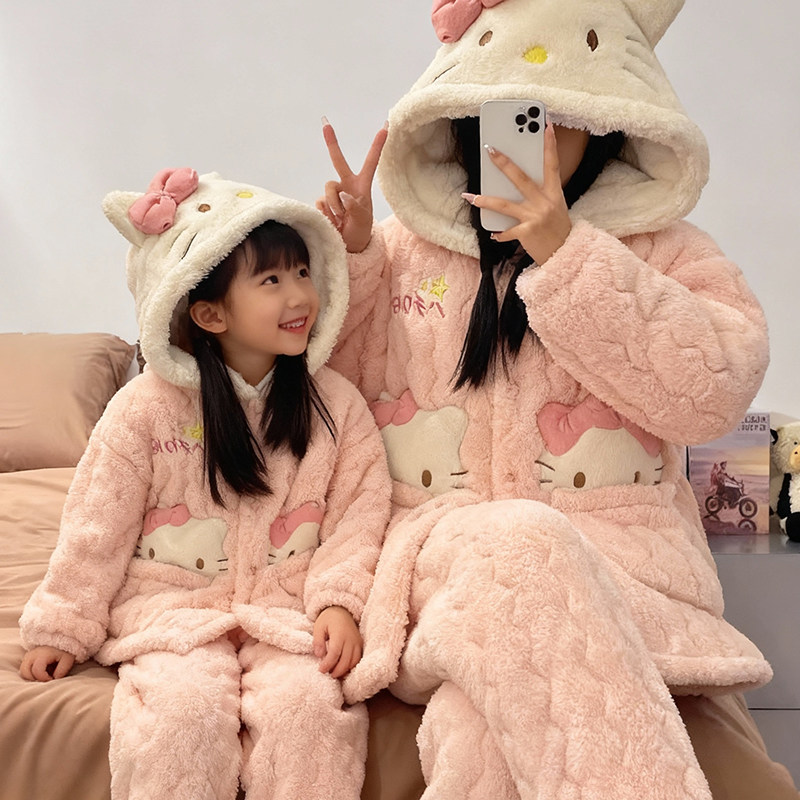 加厚夹棉袄女童睡衣秋冬季法兰绒珊瑚绒儿童女孩家居服亲子母女装