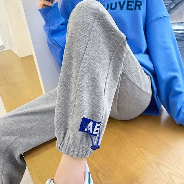 灰色运动裤女春秋2024新款韩版宽松高腰束脚裤百搭显瘦休闲卫裤潮