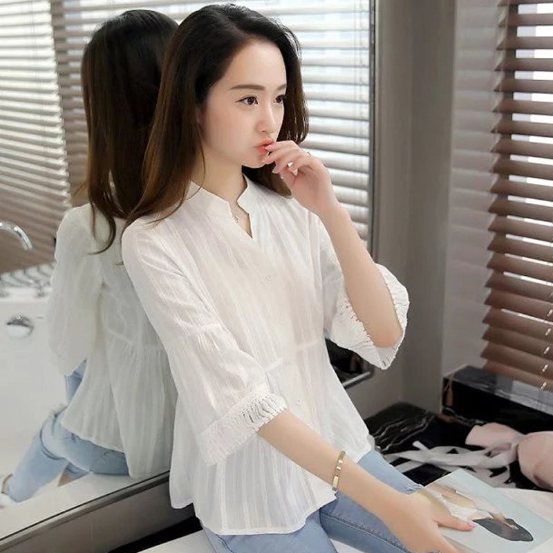 shirt Seventh Short sleeved 2021 new pattern Korean Edition Easy Show thin Jacquard weave V-neck Solid Primer shirtin the Women's clothing/Boutique , Shirt  category - from Buy2taobao.com to provide professional Taobao agent buy service