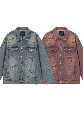 SANWEIYU复古春秋季新款潮复古男女秋装花朵刺绣水洗牛仔夹克外套