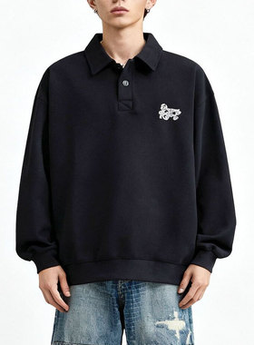 SANHOMME美式复古潮牌半开领polo衫印花百搭通勤休闲卫衣男女上衣