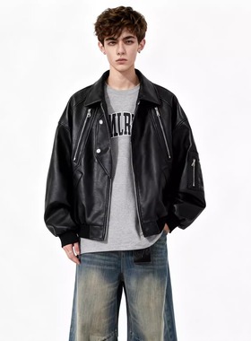 MAOQIAOYI美式复古潮牌痞帅气PU皮衣翻领宽松夹克男高级潮流外套