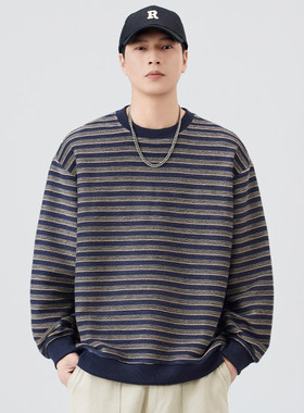 圆领套头卫衣男春秋季新款条纹日系复古休闲情侣款宽松