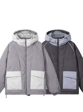 YANSANXIA美式复古冬季男女灯芯绒拼接撞色加厚夹克棉服冲锋衣