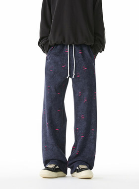 PUBIE休闲裤子男秋冬潮流撞色直筒裤印花新款宽松运动裤抽绳卫裤