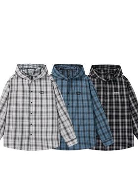 YANSANXIA美式潮牌格子开衫连帽长袖衬衫男春季宽松情侣格纹衬衣