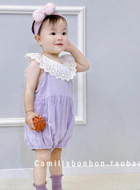 韩版婴儿连身包屁衣夏季薄款大花边领无袖女宝宝紫色连体哈衣爬服