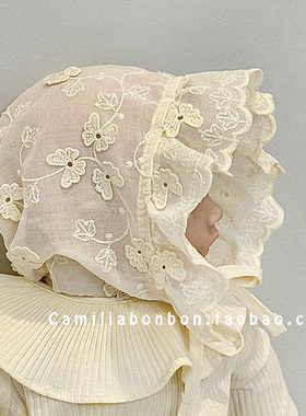 婴儿防晒帽韩版夏季薄款蝴蝶花朵刺绣6个月女宝宝公主宫廷遮阳帽