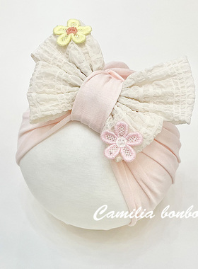 初生婴儿帽夏天薄款女宝宝可爱超萌护囟门帽子小花蝴蝶结套头帽春