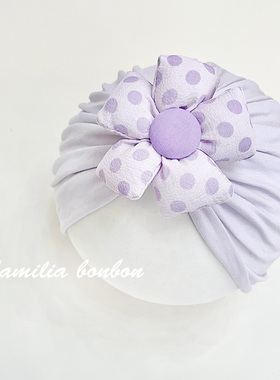 婴儿胎帽春夏薄款紫色花朵可爱0-5个月女宝宝护囟门洋气印度帽子