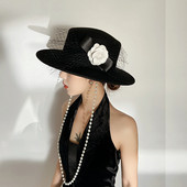 法式 复古赫本大檐礼帽珍珠链条花朵网纱平顶羊毛呢帽子女拍照摄影