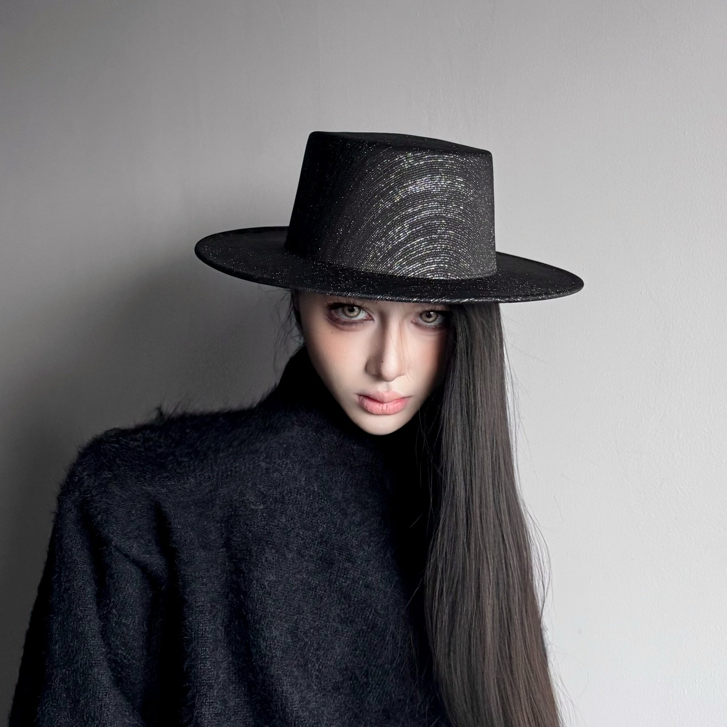 小众暗黑系哥特风亮丝仿毛呢平顶礼帽女秋冬英伦复古时尚平檐帽子