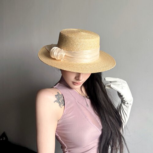 法式真丝麻细麦秆平顶草帽女夏季度假海边沙滩遮阳帽子巴拿马礼帽