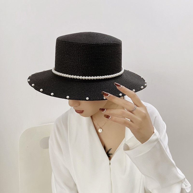 法式优雅珍珠平顶草帽女春夏天出游遮阳帽子时尚百搭平檐英伦礼帽